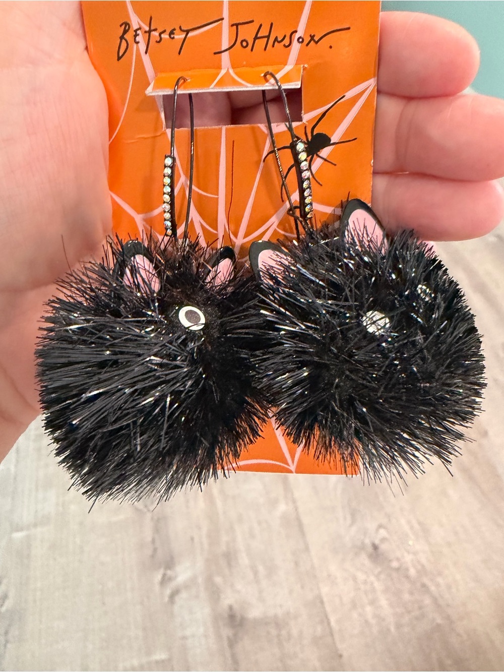 Betsey Johnson Black Pom Cat Earrings with Rhinestone Hooks